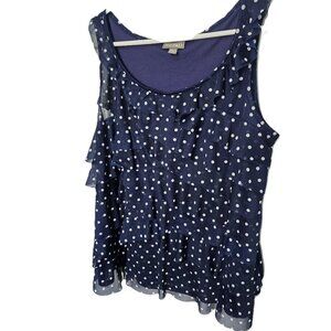 Roz & Ali Sleeveless Top Navy Blue White Polka Dot Ruffle Plus Size 1X